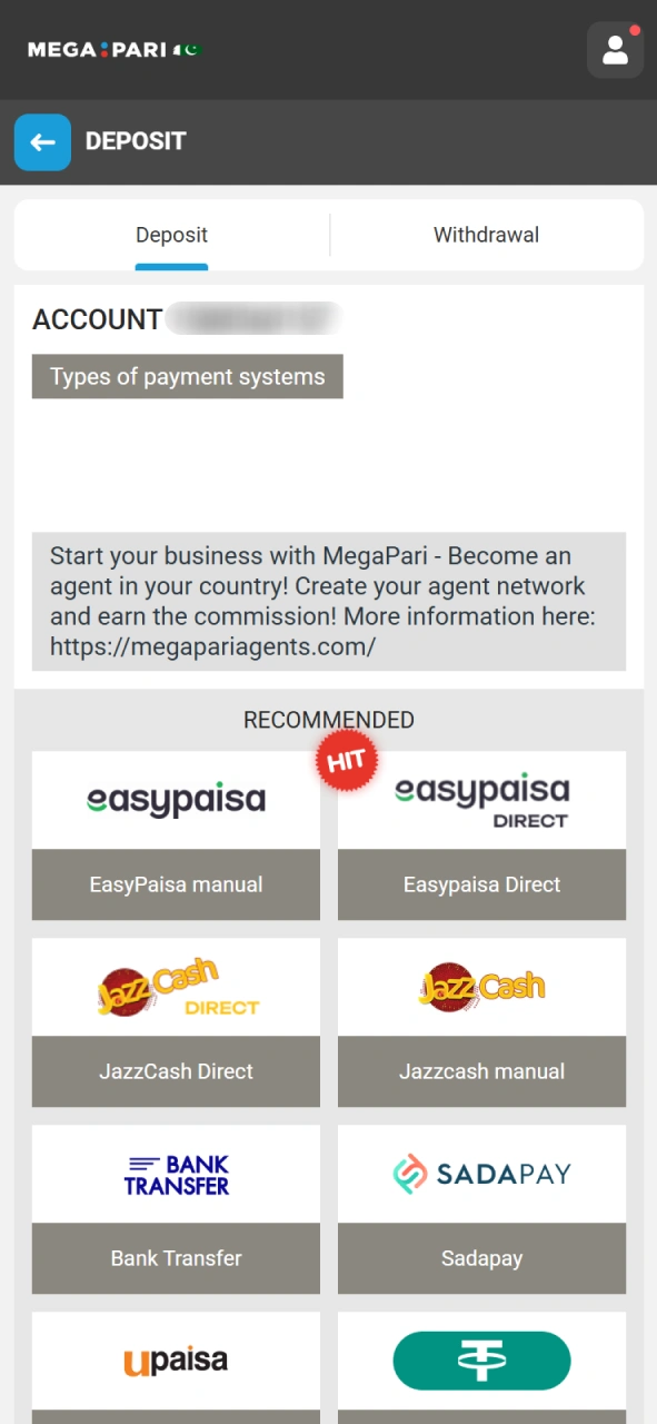 Add money to your account for MegaPari Cricket betting stakes.