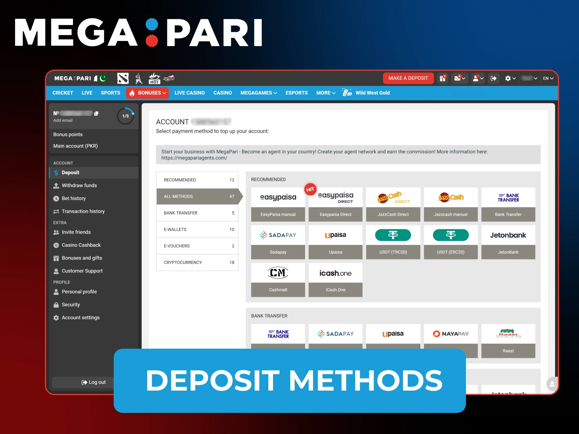 Use secure Pakistani payment systems to fund your MegaPari Aviator account.