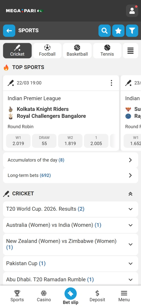 Select a top MegaPari Cricket event from the sports menu.